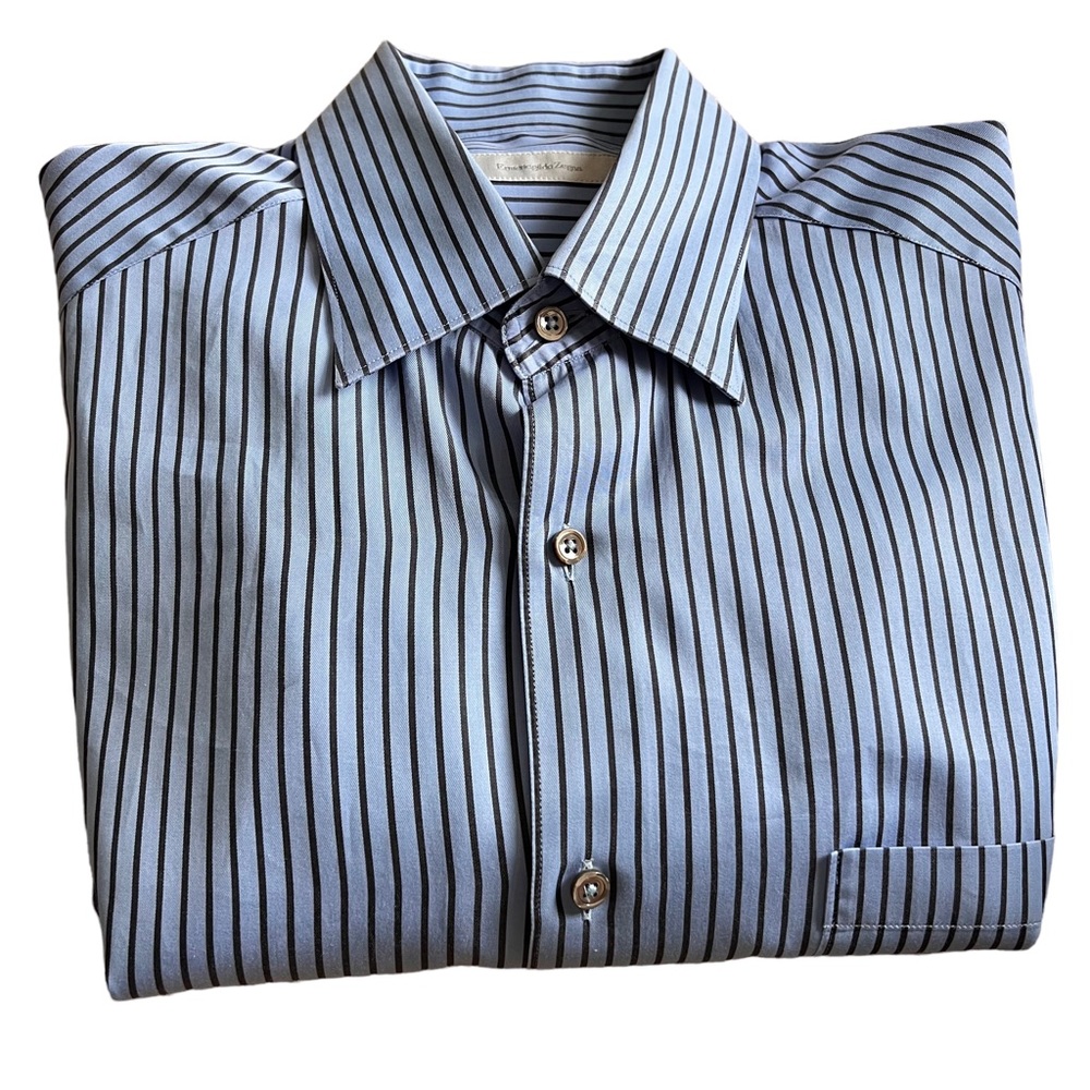 Ermenegildo Zegna blue and charcoal stripe dress shirt in size Large